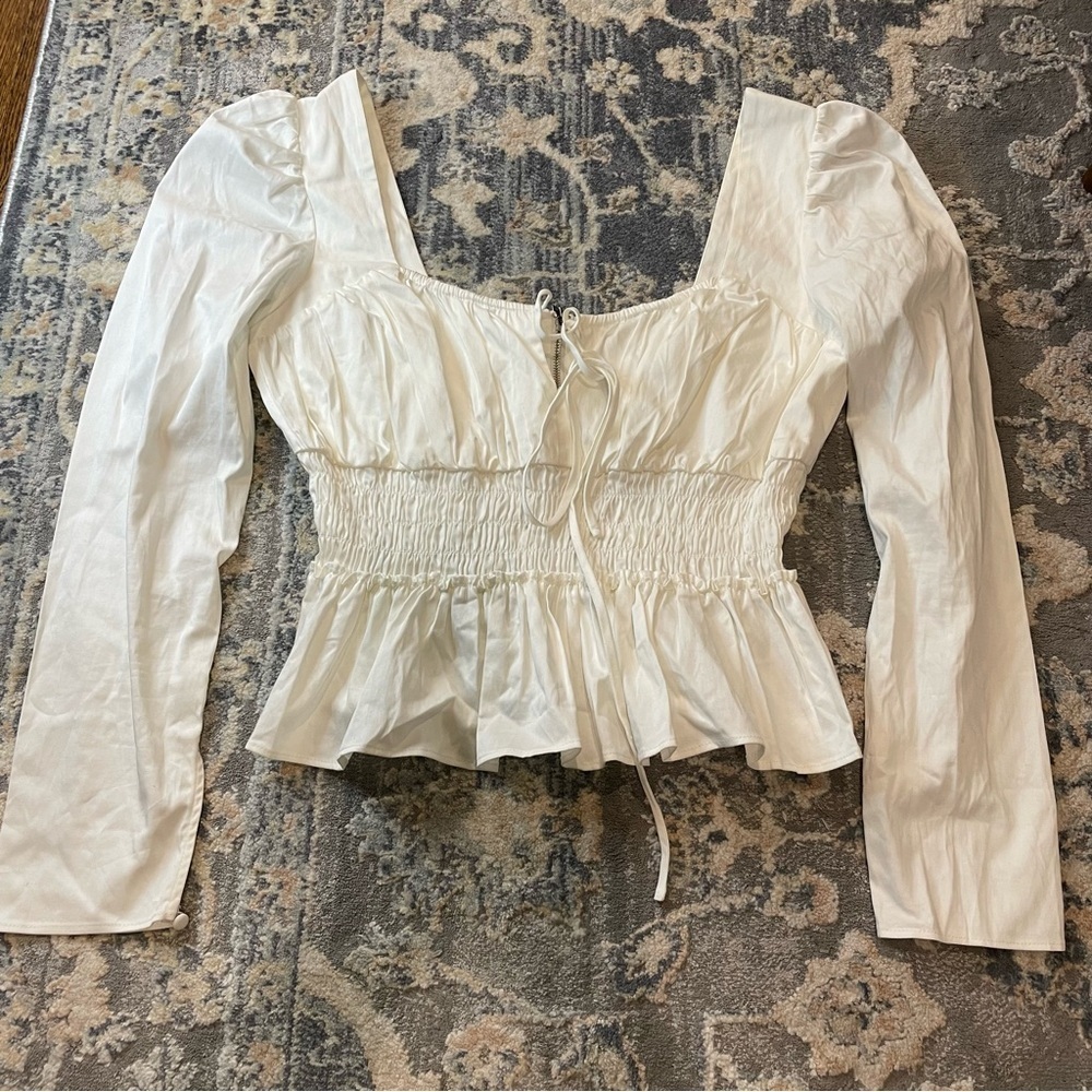 Wayf White Smocked Peplum Long-Sleeve Top Blouse Peasant ShirtL Large